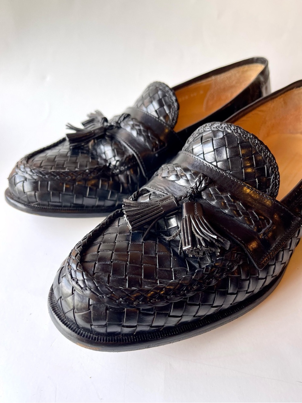 Johnston & Murphy Black Woven Leather Tassel Penny Loafers- 10 M